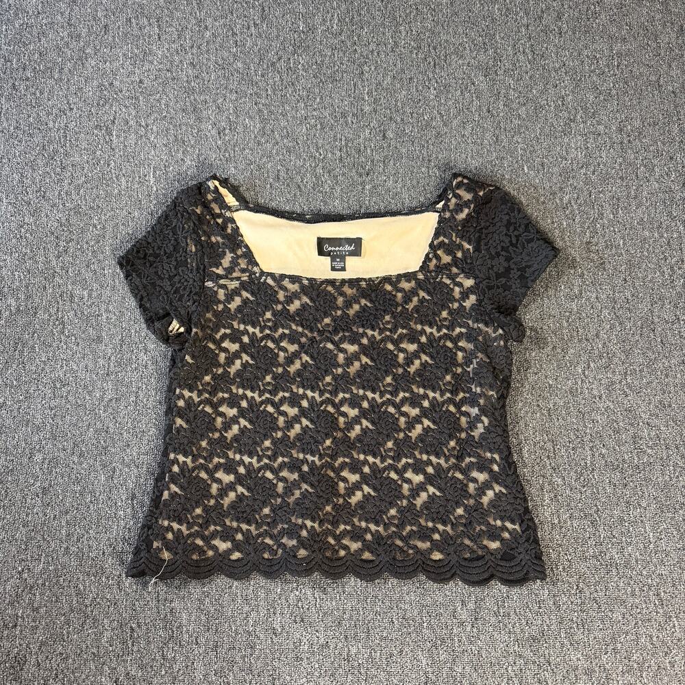 Vintage Y2k Lace Whimsical Grunge Black Nude Mesh Square Neck Blouse Medium